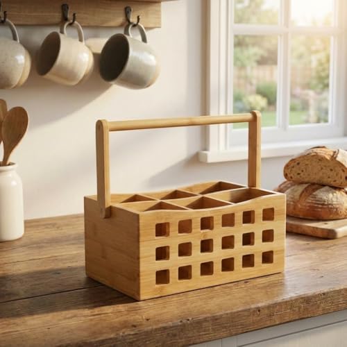4 Bölmeli Saplı Doğal Bambu Çatal Bıçak Sepeti - Çok Amaçlı Masaüstü Organizer Mutfak Düzenleyici ve Kalemlik Standı (23x15 cm) - Görsel 2