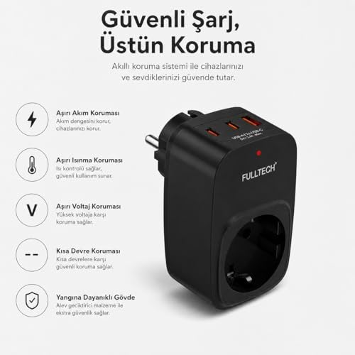 Akım Korumalı Priz, Tekli Priz, USB’li Priz ve Type-C Priz, Priz Çoklayıcı, Voltaj Korumalı Priz, 16A 3680W Duvar Tipi (SİYAH) - Görsel 3