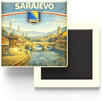 Alternative view of Bosna-Hersek Saraybosna Şehri Temalı Vintage Buzdolap Magneti – 9x9 cm