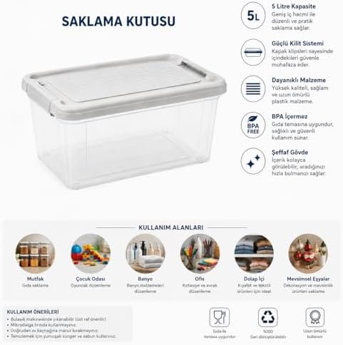 Kilitli Saklama Kabı Şeffaf Organizer PP Plastik Gıda Saklama Kabı Kapaklı Buzdolabı Düzenleyici İstiflenebilir Çok Amaçlı Saklama Kutusu (5 Litre) - Görsel 3