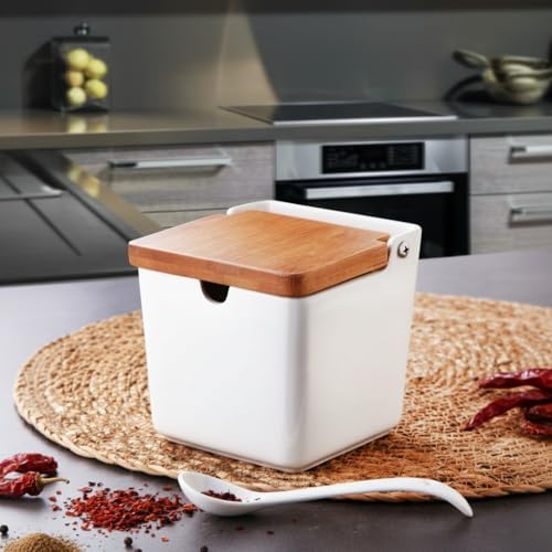 1 Adet Bambu Kapaklı Porselen Kaşıklı Tuzluk Saklama Kabı - Küp Tasarımlı Beyaz Seramik Baharatlık Tezgah Üstü Şeker ve Tuz Kabı (Küçük ve Büyük Boy Seçenekli Tekli Satış) (Büyük) - Görsel 3