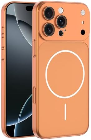 iPhone 17 için Magsafe ile Uyumlu Parmak İzi Tutmayan Alüminyum Görünümlü Kılıf Süper Wireless Kablosuz Şarj Destekli Sert ve Dayanıklı Polikarbon Malzeme (Turuncu, iPhone 17) - Görsel 2
