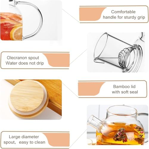 Bambu Kapaklı Kendinden Süzgeçli Borosilikat Cam Demlik – 1000 ml Isıya Dayanıklı Termisil Cam Çay, Kahve ve Bitki Çayı Demliği, Cam Çaydanlık - Görsel 3
