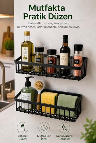 Alternative view of 2'li Yapışkan Askılı Banyo ve Mutfak Organizer Sepeti - Delmeden Montaj Duvar Rafı - Su Tahliyeli Plastik Düzenleyici Sepet - Şampuan, Baharat ve Temizlik Ürünleri İçin