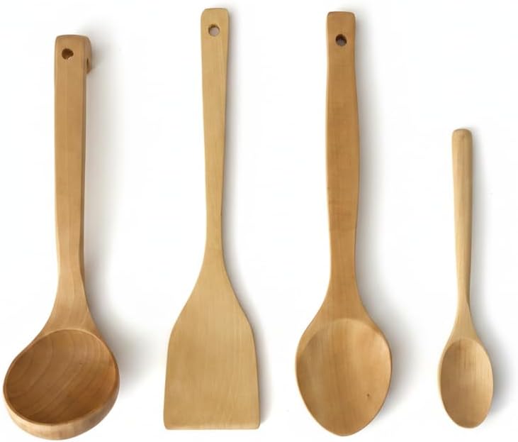 Doğal Akçaağaç 4 Parça Mutfak Seti – Premium Ahşap Kaşık, Spatula ve Servis Kepçesi – Sağlıklı ve Ergonomik Mutfak Gereçleri