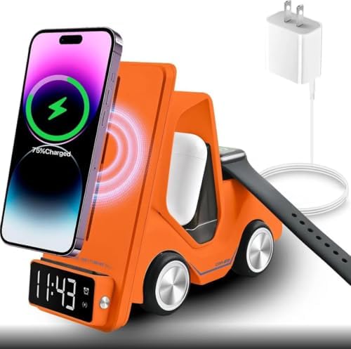 T20 15W 5’i 1 Arada Magsafe Kablosuz Şarj İstasyonu, Dijital Saatli Forklift Tasarım, iPhone 16/15/14/13/12, Apple Watch, AirPods Uyumlu Masaüstü Hızlı Şarj Standı (Turuncu) - Görsel 3