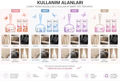 Kullan At Tüy Toplayıcı Rulo Seti – 2’li Yedek Rulolu, 60 Yapraklı Güçlü Yapışkan Bant, Kıyafet Koltuk Halı Perde Araç Koltuğu İçin Pratik Temizlik Rulosu Sticky Roller (mor) - Görsel 3