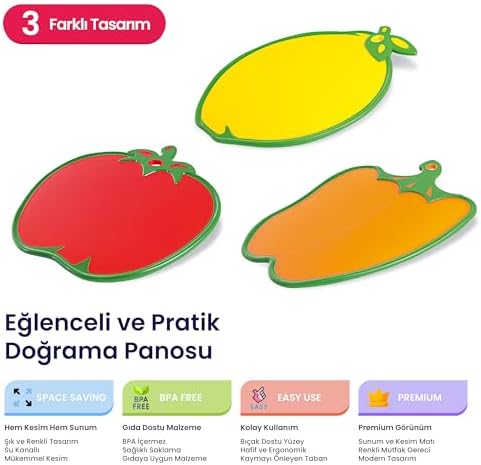 Hobby Life Meyve Şekilli Kesim Panosu ve Sunum Tabağı – Domates ve Limon Tasarımlı, Su Taşmasını Önleyen Kenarlı Doğrama Tahtası (Domates) - Görsel 3