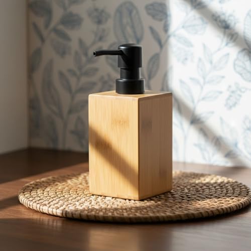 Bambu Sıvı Sabunluk | Ahşap El Sabunu, Losyon ve Şampuan Dispenseri | Modern Banyo, Mutfak ve Lavabo Düzenleyici (255ml) | Kare Bambu Sıvı Sabunluk | Mat Siyah Pompalı Ahşap Sabun Şişe