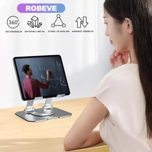 ROBEVE Tablet Standı 360 Derece Dönebilen Tablet Stand Katlanabilir Metal Tablet Tutucu Standı Tablet ve Telefon Tutucu Stant Tablet Tutucu Metal (Metalik Gri) - Görsel 3