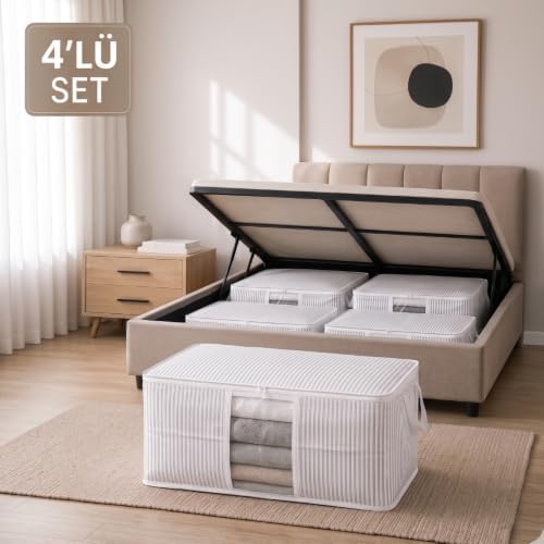 Baza ve Yatak Altı Uyumlu 4 Adet Lüks Pencereli Dolap Düzenleyici Hurç Baza Altı Hurç 64x45x22 cm (Beyaz)