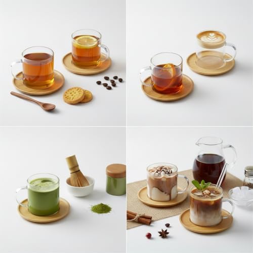 Alternative view of Bambu Tabaklı 2'li Cam Fincan Seti 150 ml - Yuvarlak/Kare Seçenekli Borosilikat Bitki Çayı ve Double Kahve Fincanı (YUVARLAK TABAKLI)