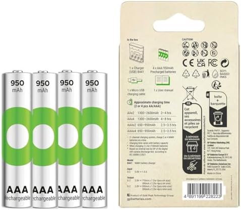 GP B441 USB Pil Şarj Cihazı 4 Adet 950mAh AAA İnce Pilli Set
