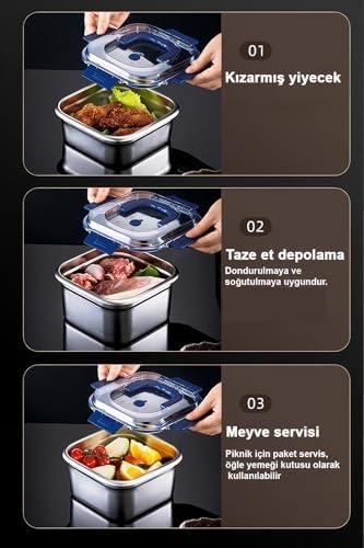 2 Adet Çelik 1250 ml Kilitli Yemek Meyve Et Buzdolabı Beslenme Saklama Kabı mt106 - Görsel 2