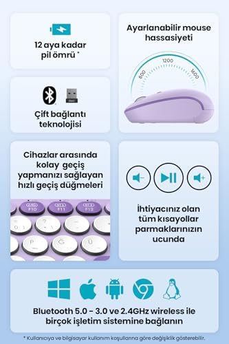 Daxi MK350 Creator Pro Combo Sessiz 3 Kanallı Bluetooth + 2.4G Wireless Türkçe Q Klavye Mouse Seti (Lila)