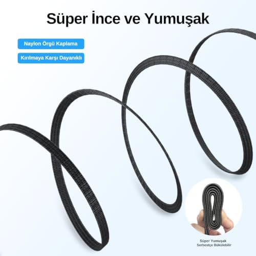 USB 4.0 40GBPS Flat USB C Veri Kablosu, 240W USB C Şarj Kablosu, 8K@60hz 4K@240Hz 2K@360Hz Thunderbolt 4 Görüntü Kablosu, MacBook, Monitör, Docking İstasyonu, iPhone ile Uyumlu - 1.2 Metre - Görsel 3