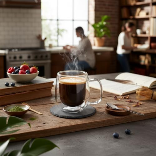 Çift Cidarlı (Double Wall) Kulplu Cam Kupa - 250 ml Isıya Dayanıklı Borosilikat Çay ve Kahve Kupası - El Yakmayan Modern Tasarım Mug - Görsel 3