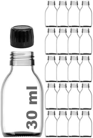 30 ml Sızdırmaz Kapaklı Şeffaf Shot Şişesi 30 Cc Ginger Şat Beyaz Cam Şişe 20 Adet (Kilitli Plastik Siyah Kapak)