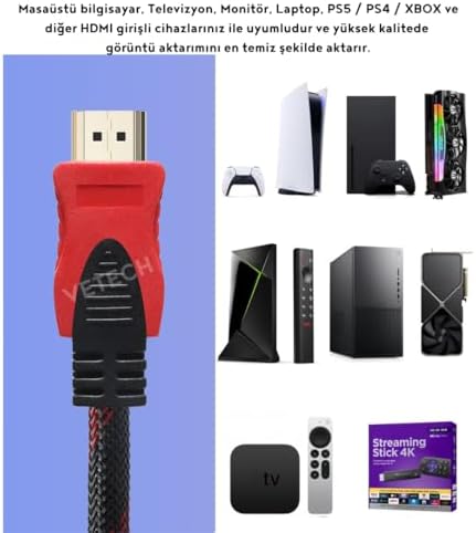 Vetech 1.5 Metre HDMI Kablo Örgü Sargılı Dayanıklı Full HD Televizyon/Monitör/TV Hdmi Kablosu/Uydu Alıcısı Uyumlu hdmi kablosu - Görsel 3