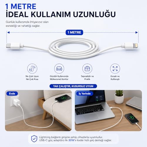 Type-C to Lightning Şarj Kablosu 1 Metre, 30W Hızlı Şarj ve Veri Aktarımı, Güçlendirilmiş Konektör Ucu, Lightning Girişli Cihazlarla Uyumlu, Beyaz Sarj Kablosu Yeni Nesil - Görsel 3