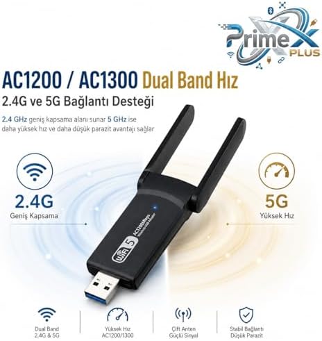 PX-AC1200 USB 3.0 WiFi Adaptör, Realtek RTL8812BU, AC1200/AC1300 Dual Band 2.4G-5G, 802.11ac Kablosuz Ağ Alıcı, PC Laptop Masaüstü için Wireless USB Dongle