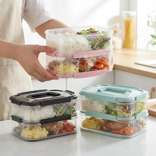 Alternative view of 2x1,8 L Çift Katlı Plastik Yemek Taşıma Kutusu 3,6 L Saklama Kabı Sızdırmaz Contalı Şeffaf Kilitli Sefer Tası Beslenme Kabı Lunch Box Erzak Kabı (1 Adet)