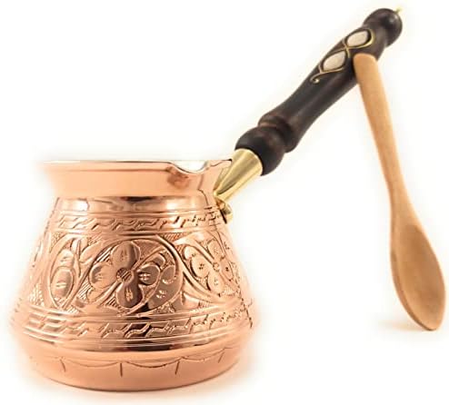ACI Serisi (Orta-14 fl oz) - En Kalın Masif Oyulmuş Bakır Ahşap Saplı Türk Yunan Arapça Cezve, Ocak Üstü Kahve Makinesi, Jazzve, Cezve, Ibrik, Briki, Café Turco - Görsel 3