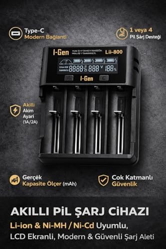 I-Gen Batteries Lii-800 Akıllı Li-ion Pil Şarj Cihazı, Type-C Girişli, LCD Ekranlı, 4 Slot Şarj, Li-ion & Ni-MH Uyumlu (18650/21700 / AA/AAA) - Görsel 3