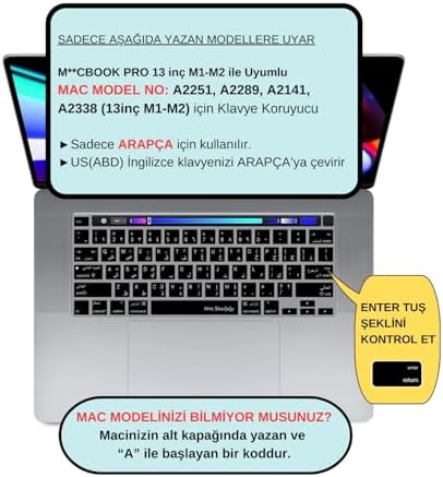 MacBook Pro Arapça Klavye Koruyucu US ANSI Düz Enter A2338 M1 M2 A2251 A2289 A2141 Uyumlu Silikon Keyboard Cover Touch Bar Siyah - Görsel 3