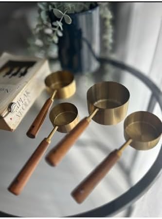 Premium Ahşap Saplı Gold Ölçü Kabı Seti - 4'lü Paslanmaz Çelik Gold Ölçü Kaşığı ve Kabı, Şef Tipi Hassas Sıvı ve Kuru Malzeme Ölçeği, Mutfak ve Pişirme Seti