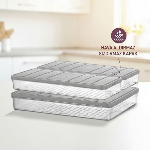 3'lü Set (1 Adet 2,25 2 Adet 1 Lt.) Nora Organizer Buzdolabı Buzluk Düzenleyici Saklama Kabı-Gri - Görsel 3