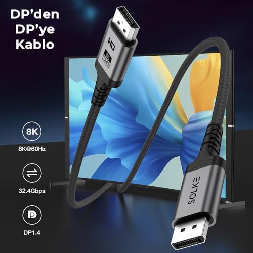 Alternative view of 8K DisplayPort 1.4 Kablo 2M – 8K 60Hz 4K 144Hz 2K 240Hz 32.4Gbps G-Sync FreeSync Uyumlu Oyuncu Monitör Kablosu, Örgülü Alüminyum