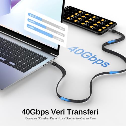USB 4.0 40GBPS Flat USB C Veri Kablosu, 240W USB C Şarj Kablosu, 8K@60hz 4K@240Hz 2K@360Hz Thunderbolt 4 Görüntü Kablosu, MacBook, Monitör, Docking İstasyonu, iPhone ile Uyumlu - 1.2 Metre