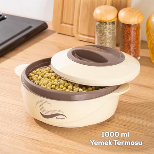 3149 1000 mL Yemek Termosu - Sızdırmaz Kilitlenebilir Kapak Paslanmaz Çelik Sefer Tası - Krem - Görsel 3