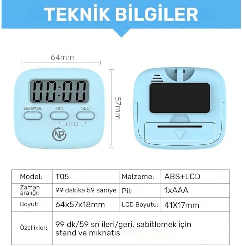 Alternative view of NPT05M Mutfak,Ders,Yemek için 99:59dk Dijital Alarm Kronometre,Pomodoro Öğrenci Motivasyon Saati