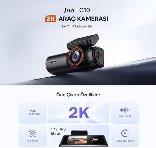 C10 2K QHD WiFi Ekranlı Araç Kamerası 140 Derece Geniş Açı Gece Görüş G-Sensörlü Araç İçi Kamera