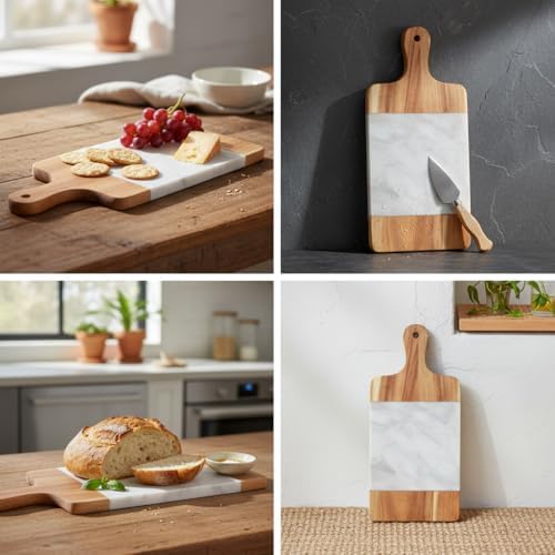 Alternative view of Akasya Mermer Sunumluk 33x13 cm - Doğal Ahşap ve Beyaz Mermer Detaylı Peynir, Şarküteri ve Kahvaltı Sunum Tahtası