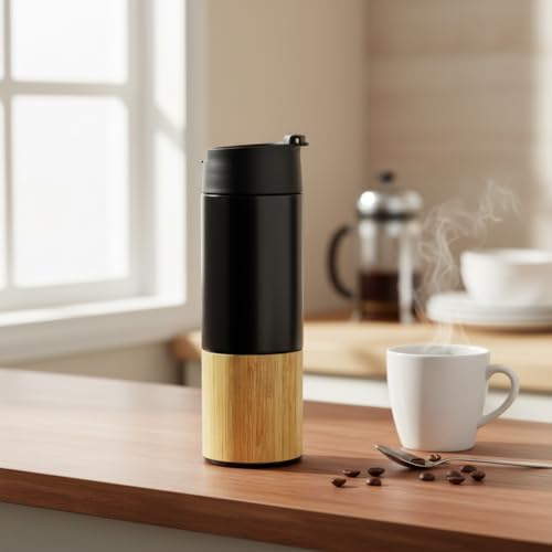 450 ml Bambu Kaplamalı Çelik Termos - Sıcak ve Soğuk Tutucu Sızdırmaz Mat Siyah Kahve Termosu - Görsel 3