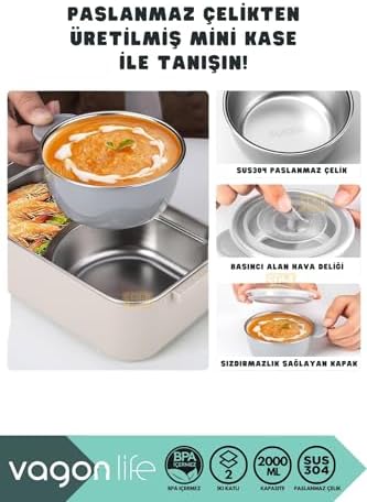 2000ml Lunchbox 2 Katlı 3 Bölmeli Mini Kaseli Çelik Sefer Tası Yemek Kutusu (Lacivert-Sarı)