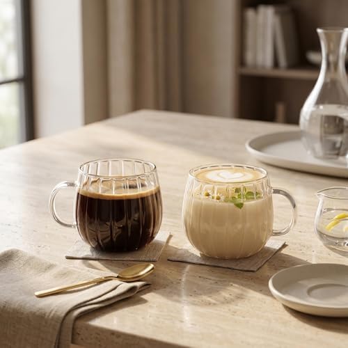 Çizgili Borosilikat Cam Bardak, 350 Ml Geniş Kapasite, Isıya Dayanıklı Yapı, Bulaşık Makinesinde Yıkanabilir, Ev Ofis Restoran İçin Kullanıma Uygun Kulplu Kahve Espresso Latte Sunum Bardağı - Görsel 3