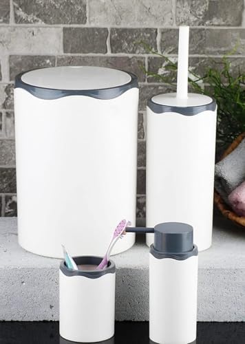 Azra Akrilik 5 Parça Modern Banyo Seti, Beyaz-Mat Gümüş, Çöp Kovası/Tuvalet Fırçası/Tuvalet Fırça Kabı/Sıvı Sabunluk/Diş Fırçalık