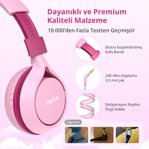 EarFun S1 Kablolu Kulaküstü Çocuk Kulaklık - Ayarlanabilir Kafa Bandı - Okul/seyahat/erkek/kız Çocuklar/bilgisayar/tablet Için Taşınabilir - Pembe - Görsel 3