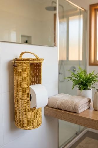 Hasır Görünümlü Plastik Rattan Tuvalet Kağıdı Standı, Askılı Kapaklı WC Kağıtlık, Yedekli Banyo Organizer, 37x17 cm
