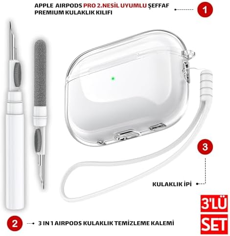 Pro 2. Nesil Uyumlu Şeffaf Premium Kulaklık Kılıfı, Beyaz Silikon Kulaklık İpi ve 3'ü 1 Arada Bluetooth Kulaklık Temizleme Kalemi Seti (Şeffaf - Beyaz) - Görsel 3
