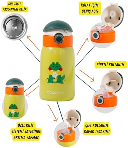 Cocosmile 470ml Sevimli Ses Çıkaran Kılıflı Pipetli Askılı Çelik Termos Çocuk Matarası