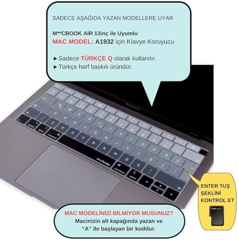 MacBook Klavye Koruyucu Türkçe Q Silikon | A1932 A2179 A2337 M1 Uyumlu |Ters L Enter Siyah Gri - Görsel 2