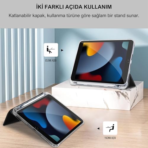 Apple iPad 10.2 inç (2019/2020/2021) Modellerinin Tümüyle Uyumlu Uyku Modlu, Apple Pencil Kalemlikli, Trifold, Esnek, Mat, Darbeye Tam Dayanıklı Smart Tablet Kılıfı (Siyah)