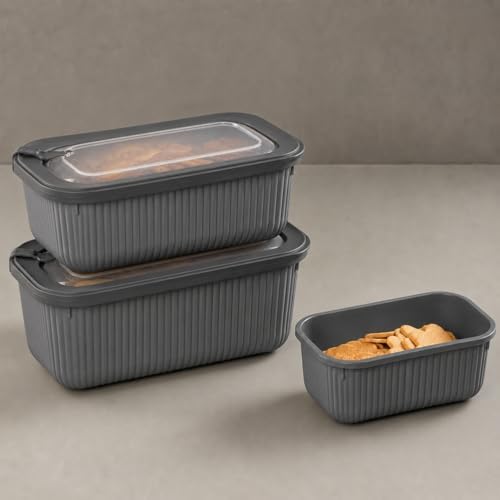 Vakumlu Silikon Kapaklı Plastik Saklama Kabı Seti, 3.5 Litre, Mikrodalga ve Derin Dondurucu İçin, Gıda Depolama Kutusu, Mutfak Düzenleyici Organizer (600/1100/1800 ml) (Antrasit, Dikdörtgen) - Görsel 3