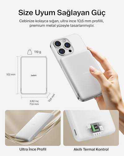 Manyetik Power Bank 5000 mAh, Manyetik Halka ve USB-C Porta Sahip İnce Taşınabilir Şarj, iPhone, Galaxy, Pixelsnap, iPad ve Tablet için Batarya Paketi, USB-C Kablo Dahil, Beyaz