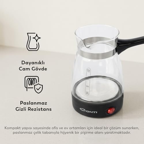 CKC-340 Fortune Elektrikli Cam Cezve – 650W, 0.5 L, Paslanmaz Gizli Rezistans, 360° Kablosuz Kullanım, Türk Kahvesi Makinesi, Siyah - Görsel 3